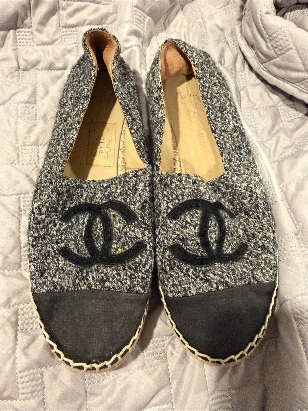 CHANEL Gray and Black Tweed Espadrille Flats with CC Logo